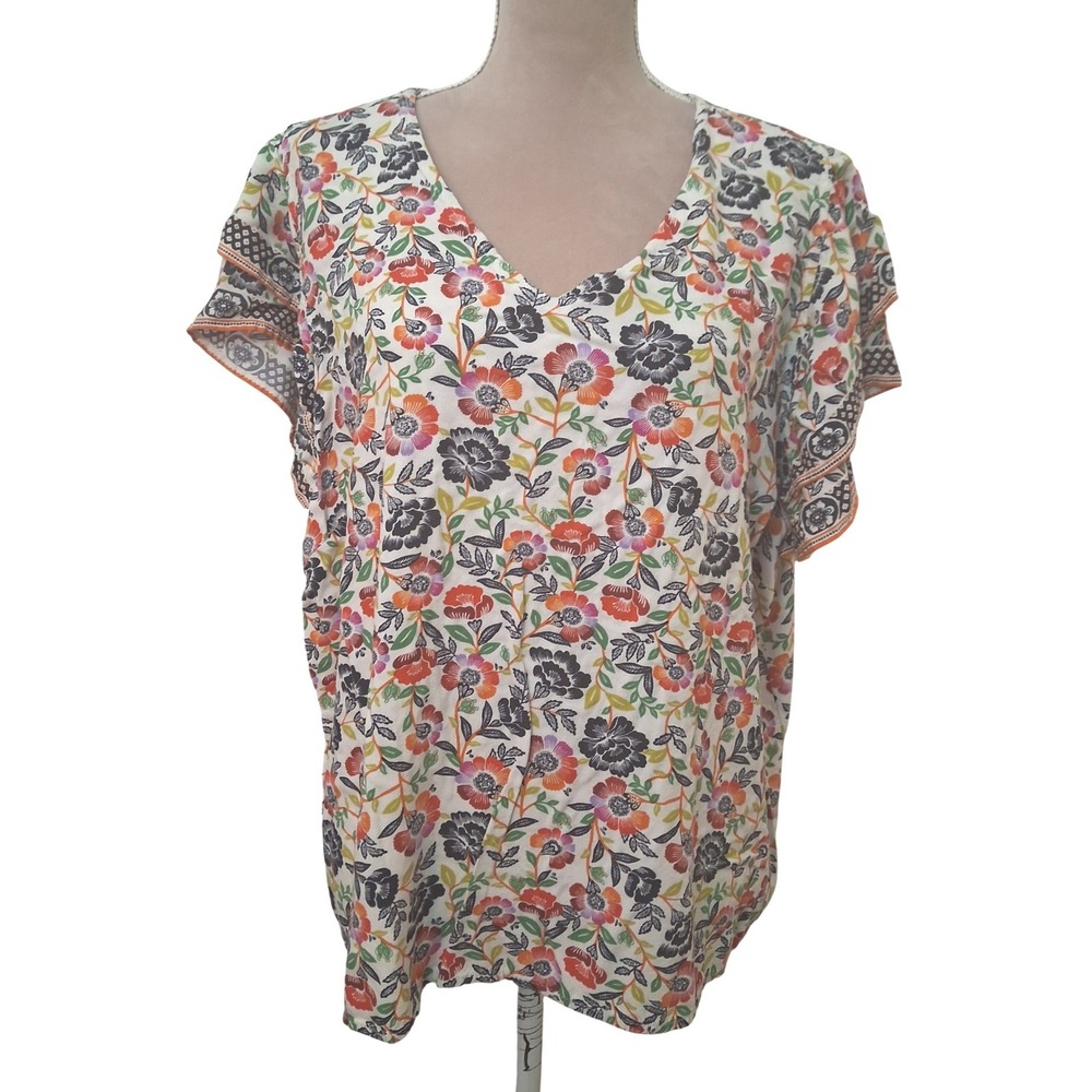 Cynthia Rowley Woman 2X Floral V-Neck Tiered Sleeve Rayon Blouse Top Multi-Color